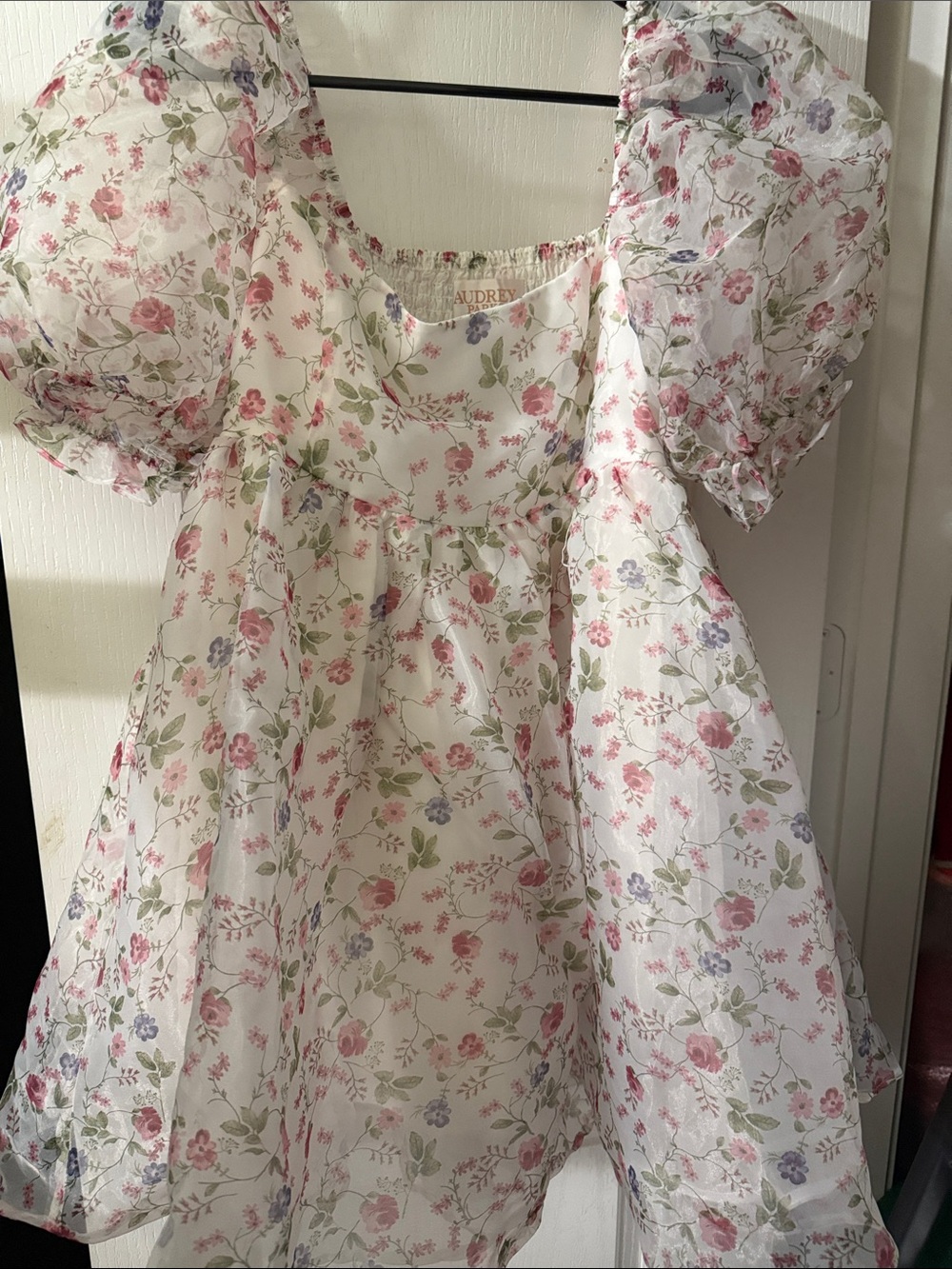 audrey Cream Floral Puff-Sleeve Party Dress with Pink and Green Blooms